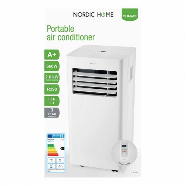 Nordic Home Portabel AC med 3 lägen, A+, 660W, vit MIDAL